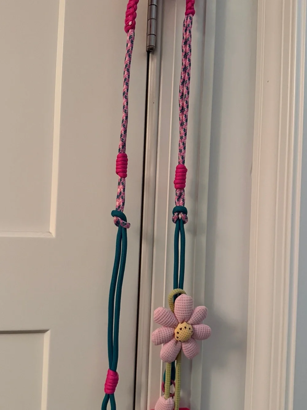 Pink Floral Crochet Phone Case Lanyard with Teal Accent